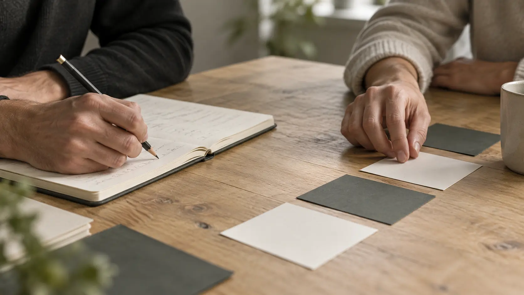 Illustrative detail of colleagues making notes and refining a sequence of process cards