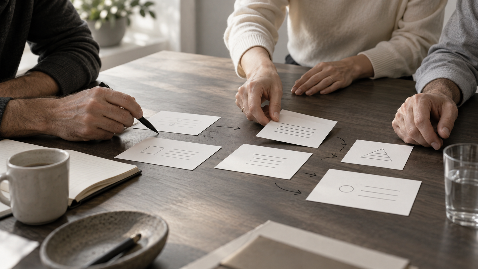 Illustrative scene of people exploring a process together using paper cards and notes